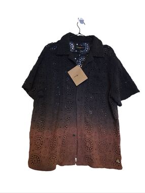 Teddy Fresh Ombre Crochet Knit Shirr Black Brown Size L NWT